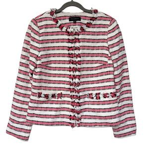 {Talbots} Stripes Front Zipper Tweed Fringe Blazer Suit Coat Jacket Outerwear